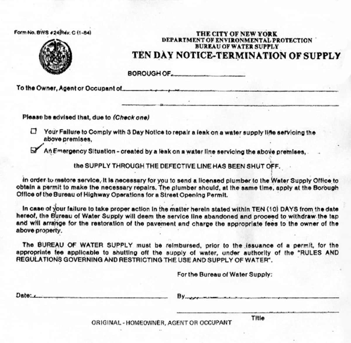 NYC DEP Notice of Termination