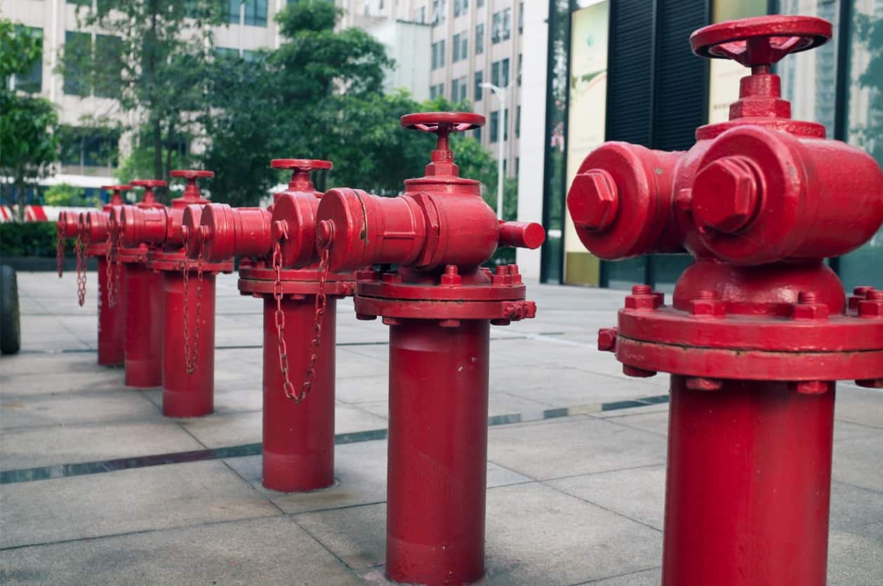 A line of industrial fire hydrants installed outside of a building.