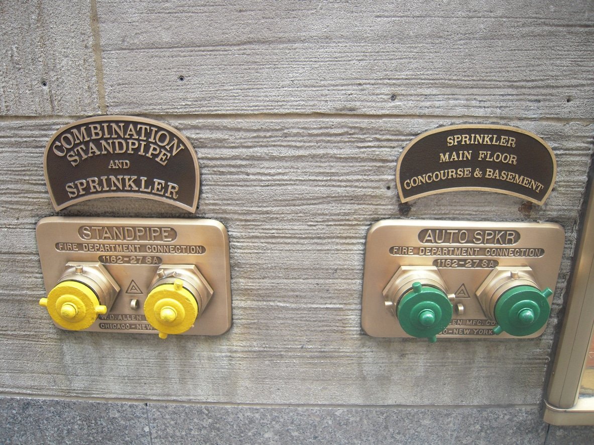 Color-coded standpipe systems installed in a property building.